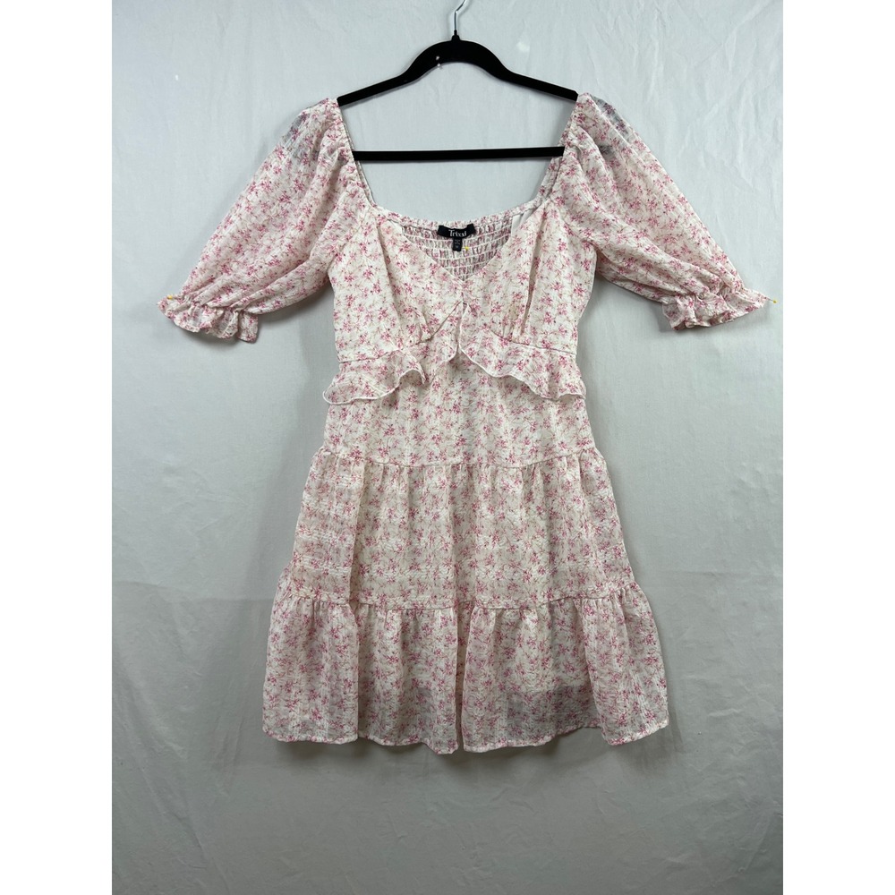 Trixxi Floral Mini Milkmaid Dress Womens Size M Pink Coquette Tiered Puff Sleeve